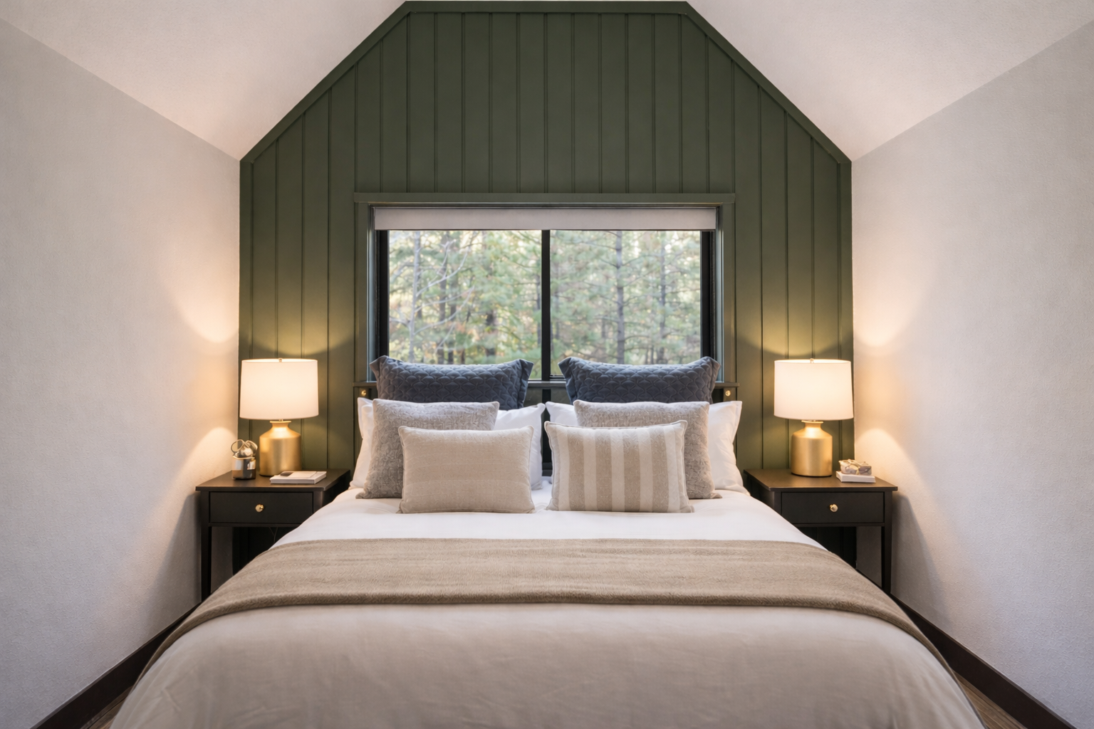 Your elegant bedroom awaits with plush bedding and forest views through the window, creating a peaceful retreat for restful nights.