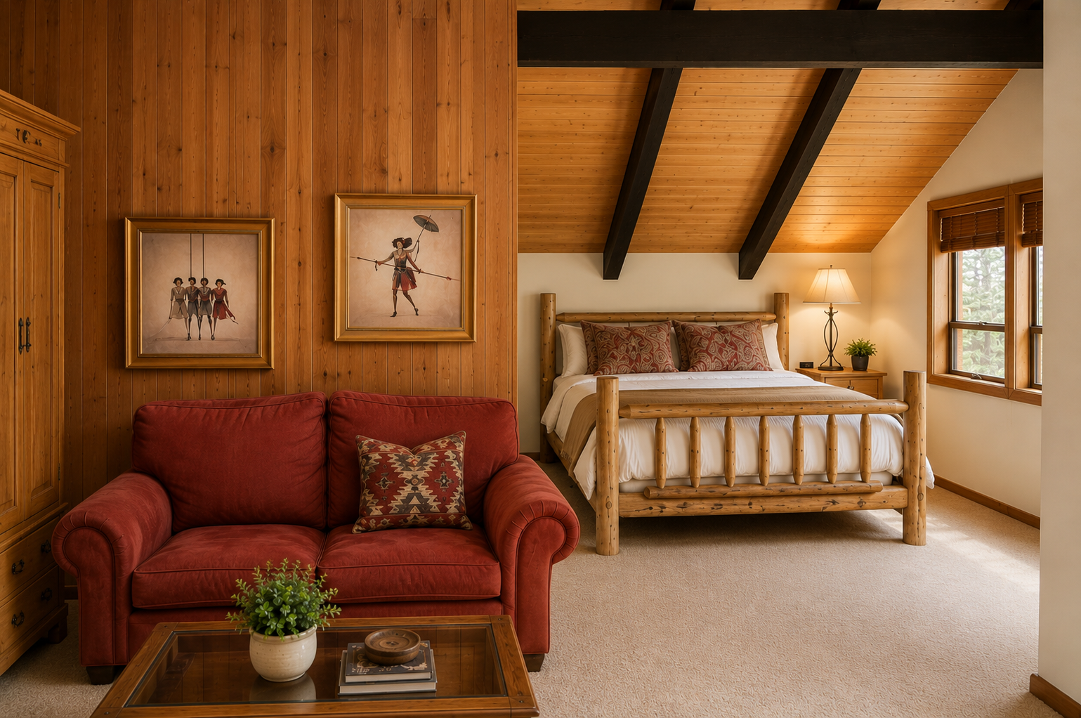 Cozy mountain charm welcomes you with exposed beams, rich wood tones, and a plush sofa. Unwind in your spacious bedroom where rustic elegance meets peaceful comfort.