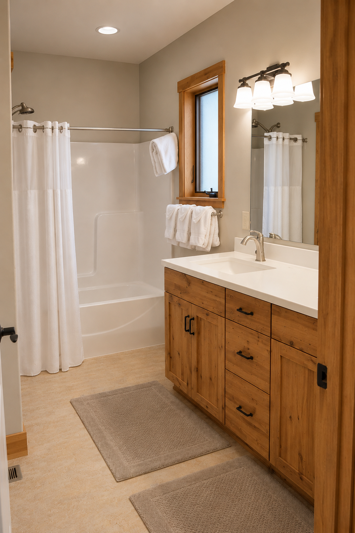 Step into your private bathroom with a soothing tub-shower combo, warm wood accents, and fluffy towels waiting for you. Relax and refresh in this cozy, well-lit space.