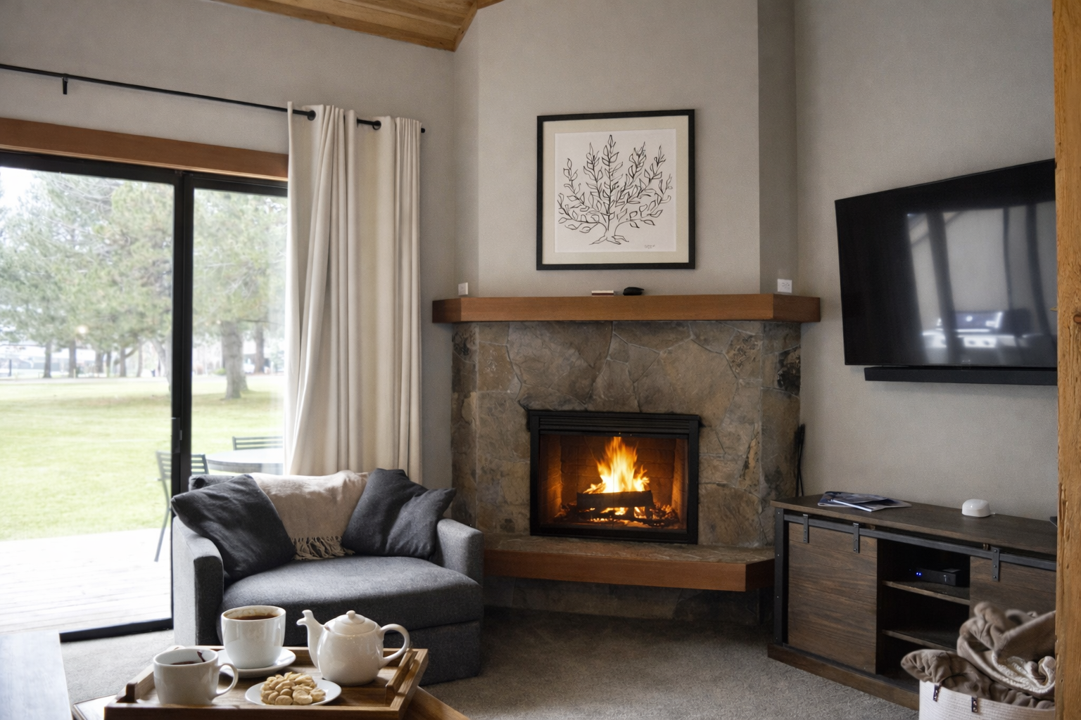 Curl up by your crackling fireplace with a warm cup of tea, watching flames dance while you unwind on the plush sofa.