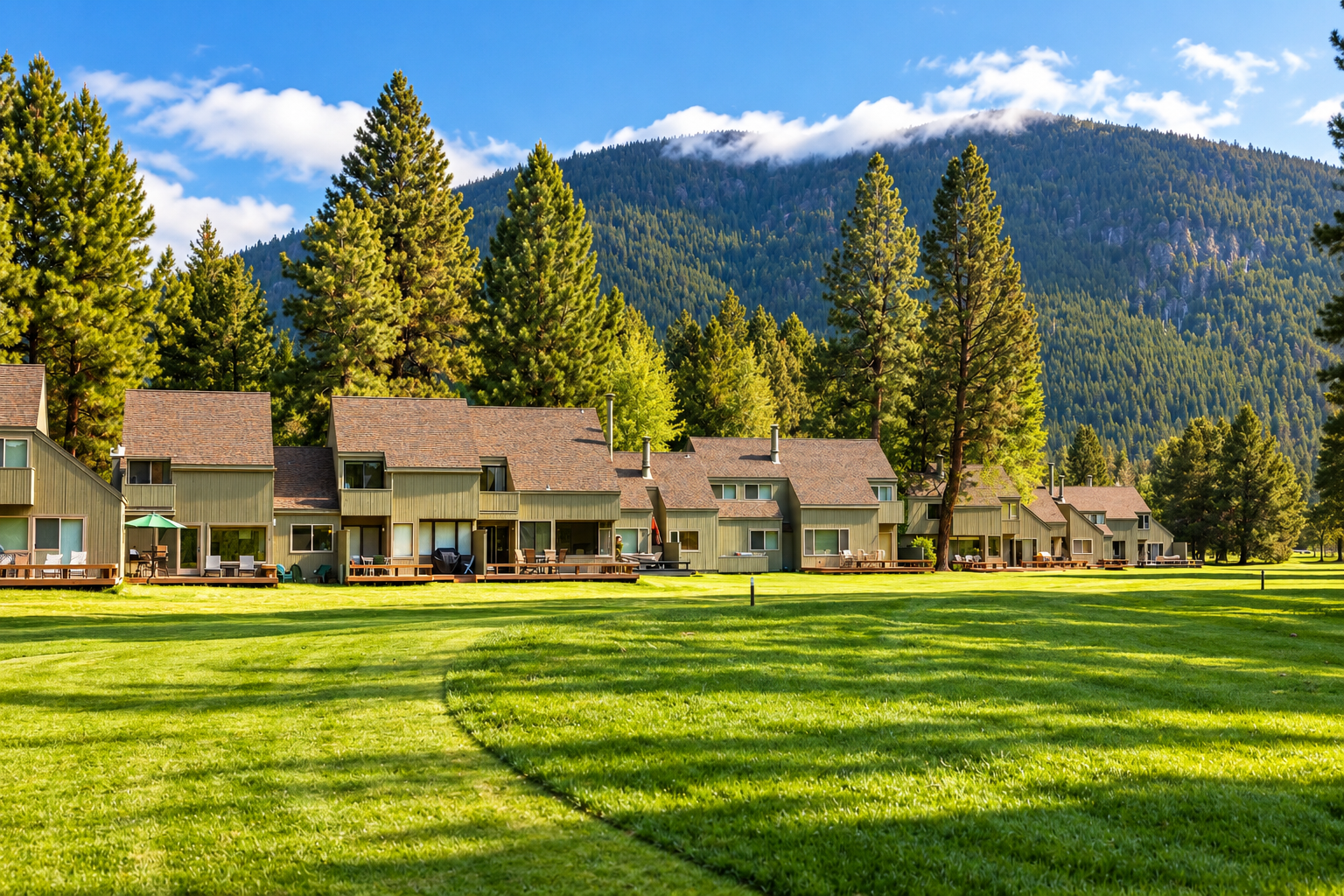 Mountain Resort Cabins Beneath Pine-Covered Peaks