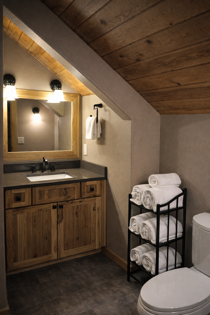 Step into your rustic retreat bathroom featuring warm wood elements and thoughtful amenities for your comfort.