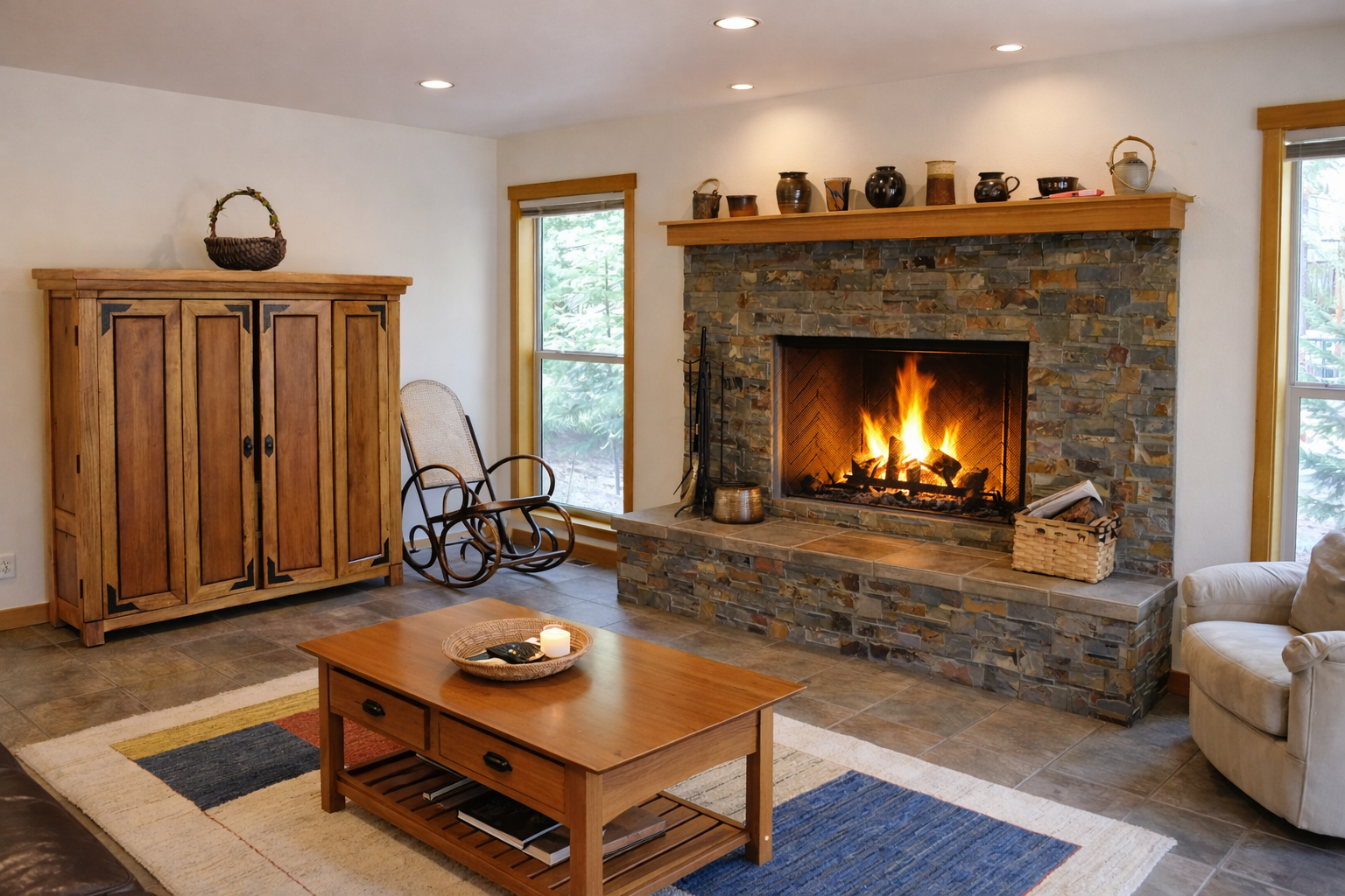 Cozy up by your crackling stone fireplace with rustic charm and comfort surrounding you in every detail.
