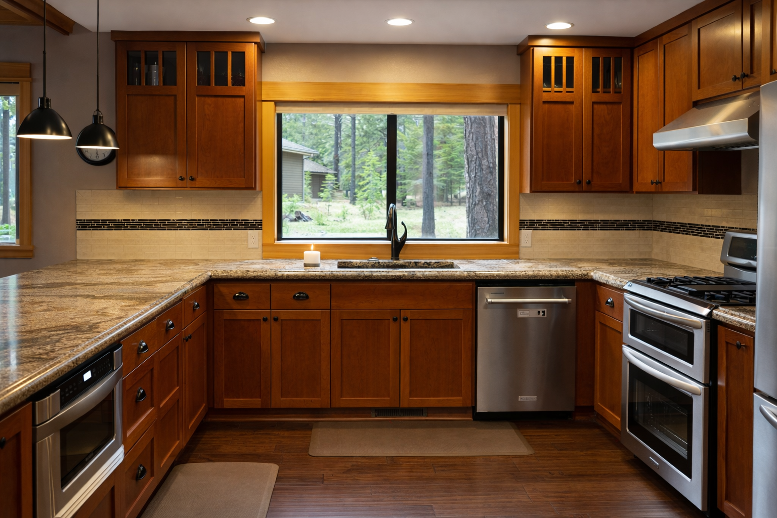 You'll love preparing meals in this chef-worthy kitchen with granite counters, warm wood cabinets, and inspiring forest views through the large window.