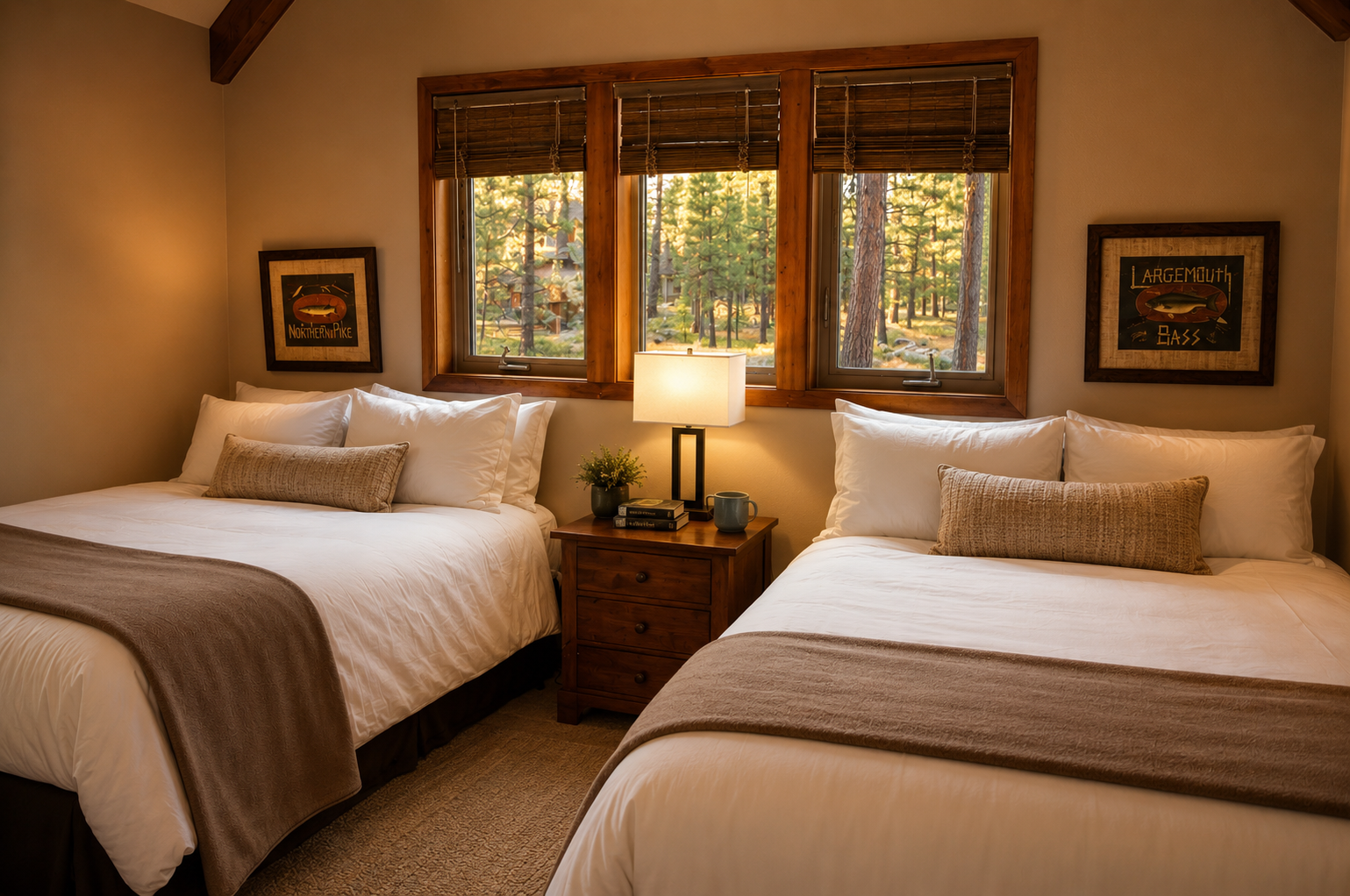 Two plush beds await beneath windows framing peaceful forest views—your restful retreat after exploring the outdoors.