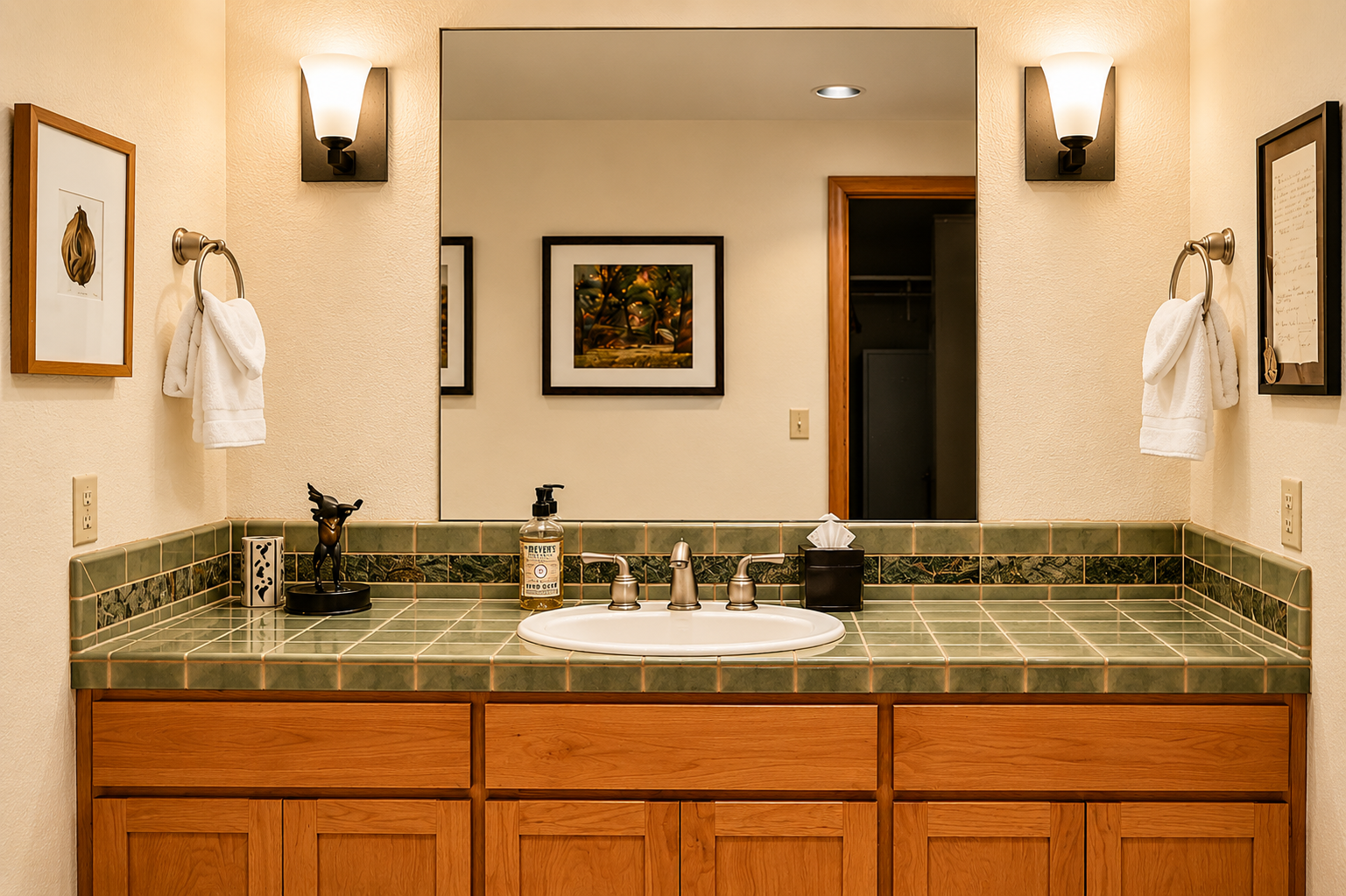 Step into a thoughtfully designed bathroom featuring elegant green tile countertops, warm wood cabinetry, and soft ambient lighting that creates a welcoming retreat after your day.