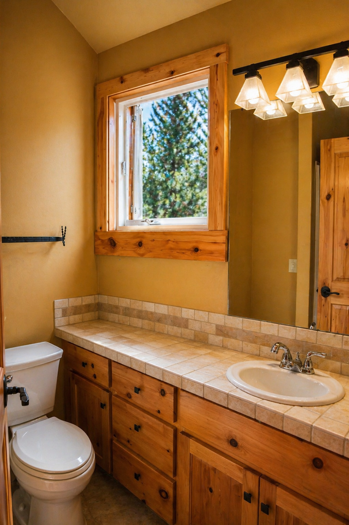 Unwind in your charming rustic bathroom, where warm wood tones and natural light create a cozy mountain retreat feeling.