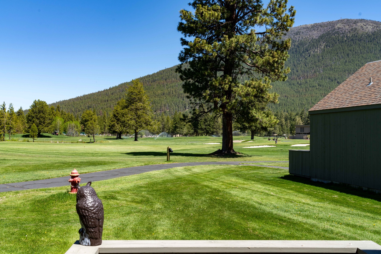 Golf course views with majestic mountain backdrop and well-maintained greens in a peaceful alpine setting.