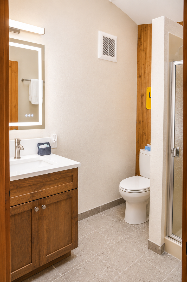 Freshen up in your modern bathroom with warm wood accents, a bright vanity mirror, and a walk-in shower—everything you need for comfort.