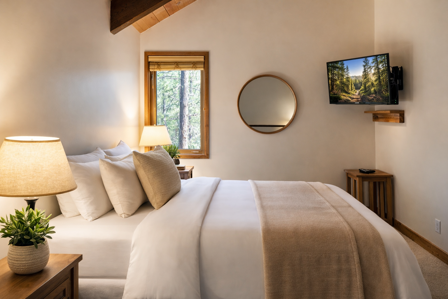 Drift off to dreamland in your serene bedroom, where crisp linens and warm wood tones create the perfect forest retreat.