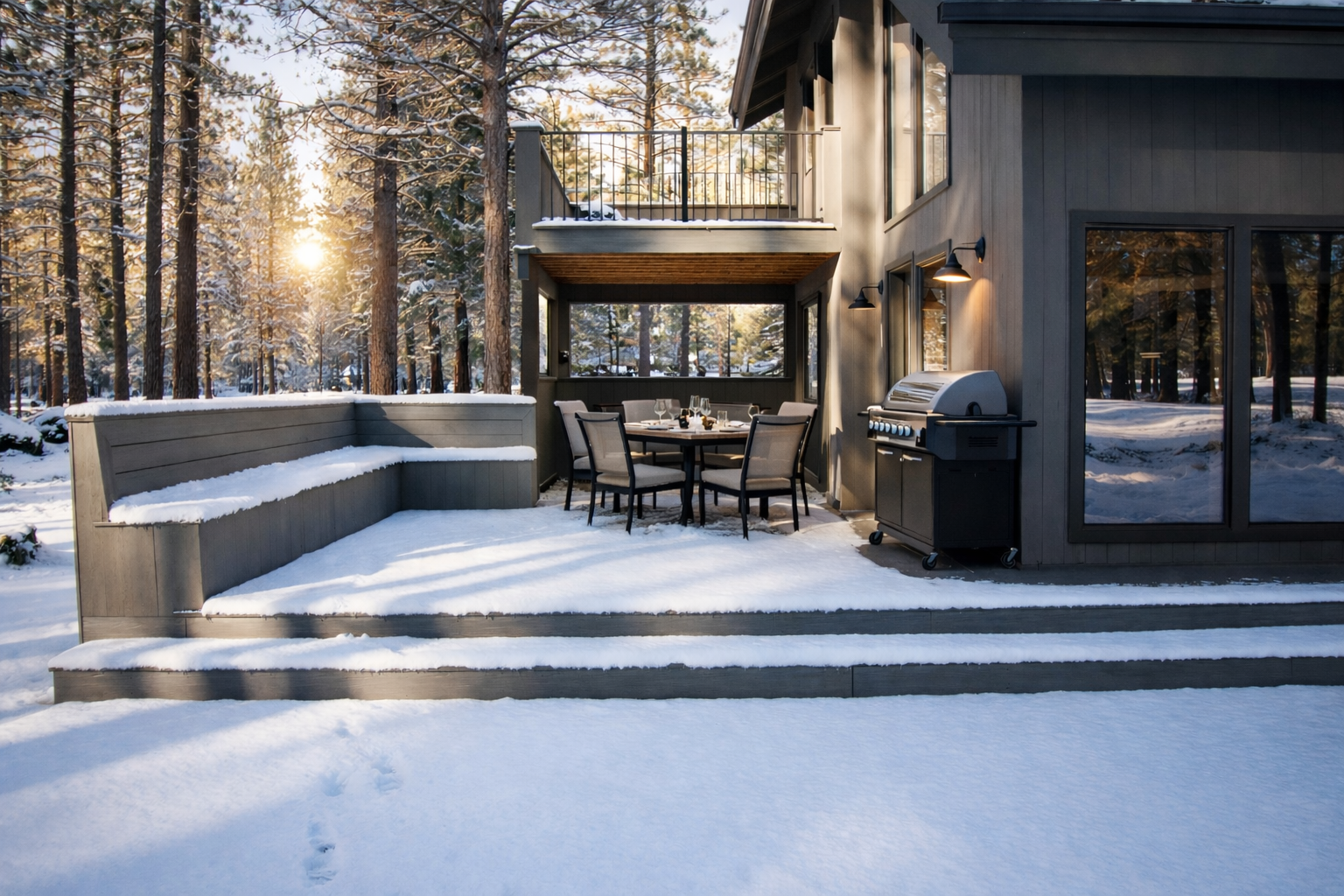 Modern mountain retreat features covered outdoor dining and grilling space surrounded by snow-dusted pine trees.