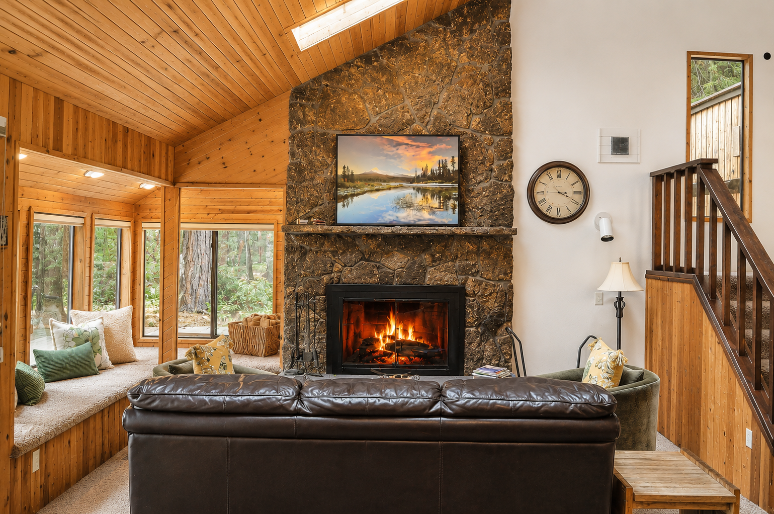 Imagine unwinding on plush leather seating beside a crackling stone fireplace, surrounded by warm wood and forest views streaming through expansive windows—your perfect retreat awaits.