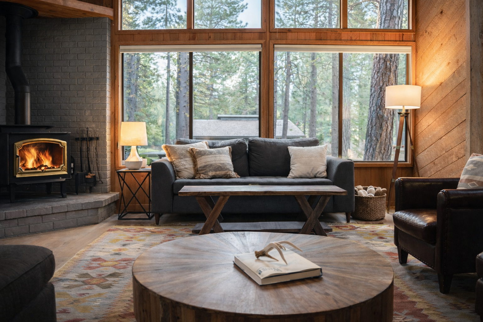 Cozy up by your crackling fireplace while gazing at towering pines through floor-to-ceiling windows in this serene forest retreat.