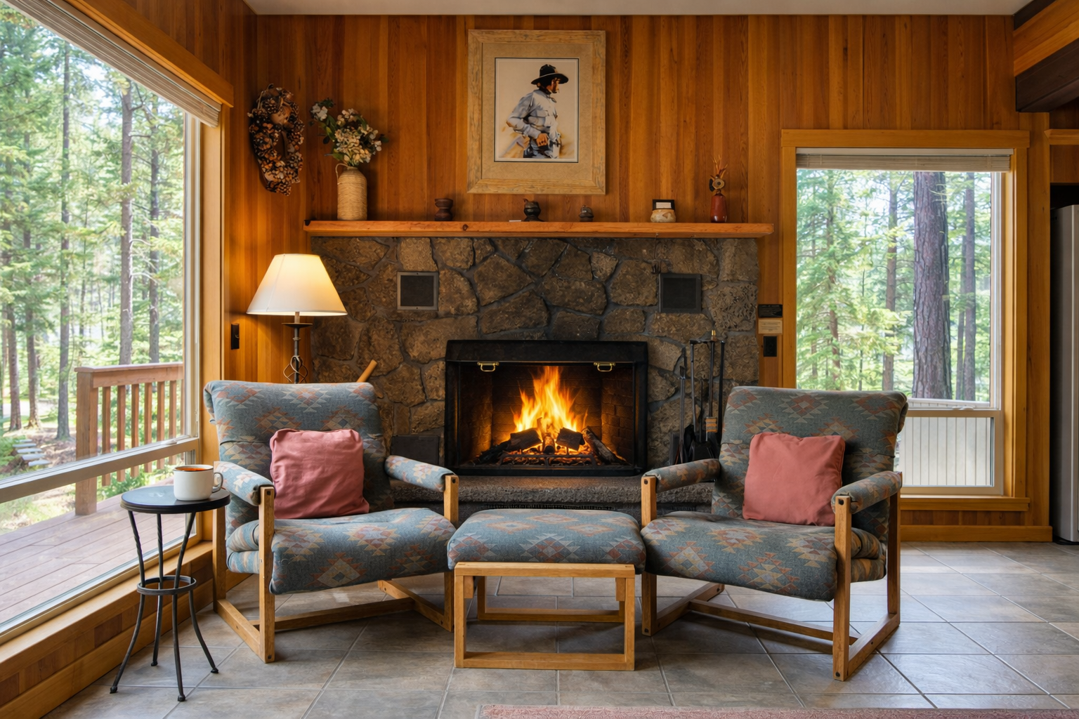 Curl up in cozy armchairs by your crackling stone fireplace, surrounded by warm wood walls and forest views through picture windows.