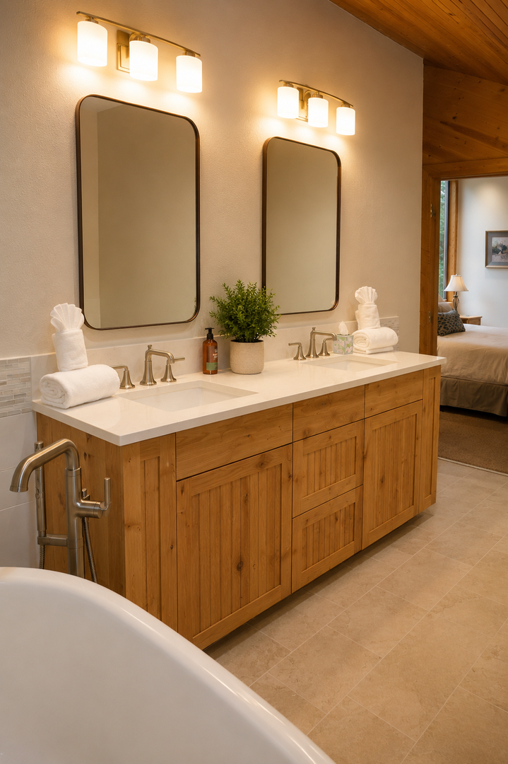 Unwind in your spa-inspired bathroom with a soaking tub, dual vanity, and warm wood accents creating a cozy retreat after exploring nearby trails.