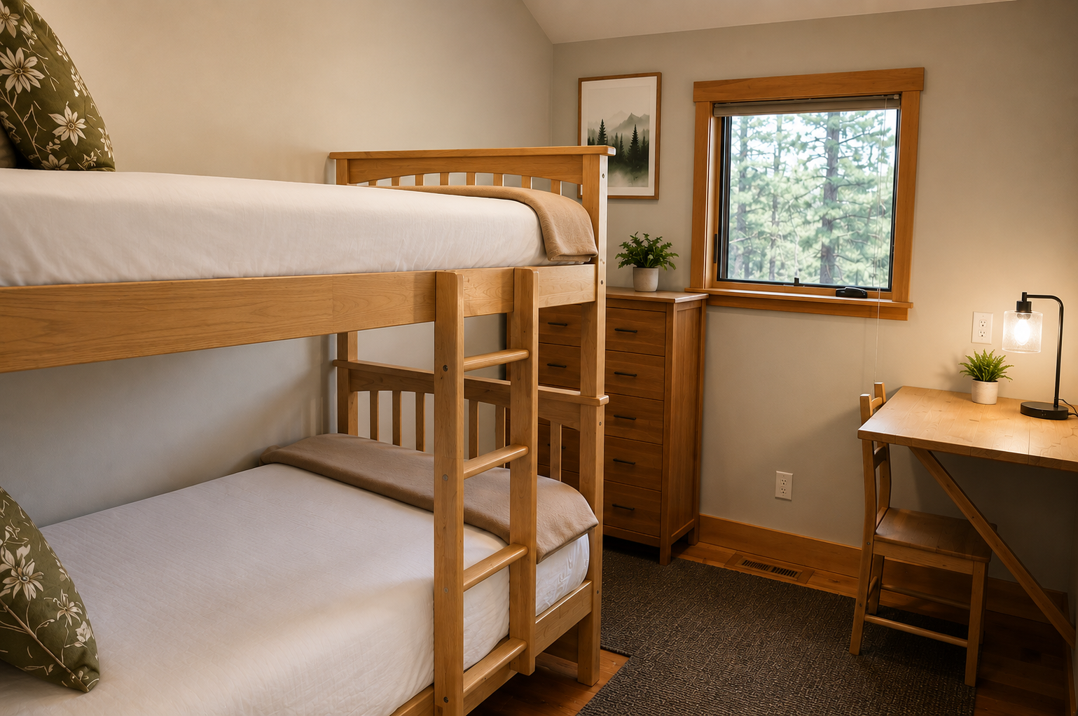 Your cozy bunk room features warm wood furnishings, crisp linens, a dedicated workspace with natural light, and peaceful forest views—perfect for rest and relaxation.