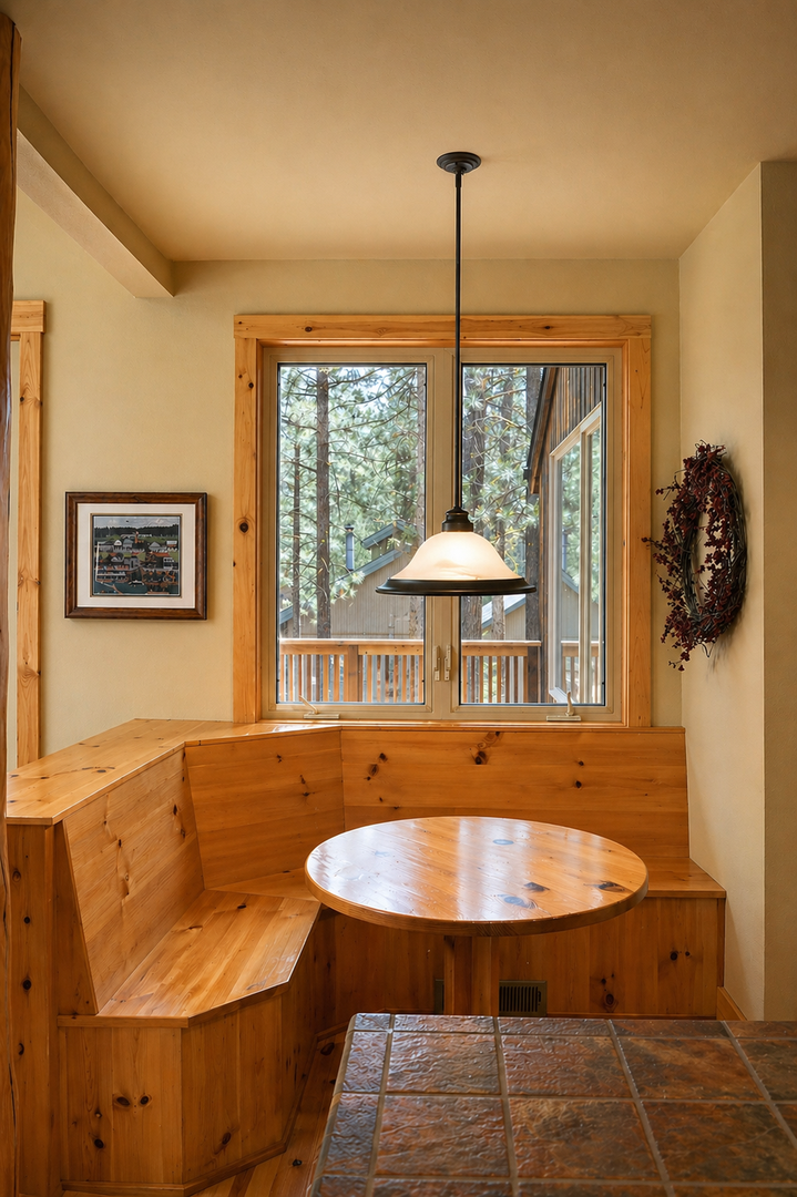 Cozy up in your private breakfast nook with built-in wooden seating and forest views through charming windows.