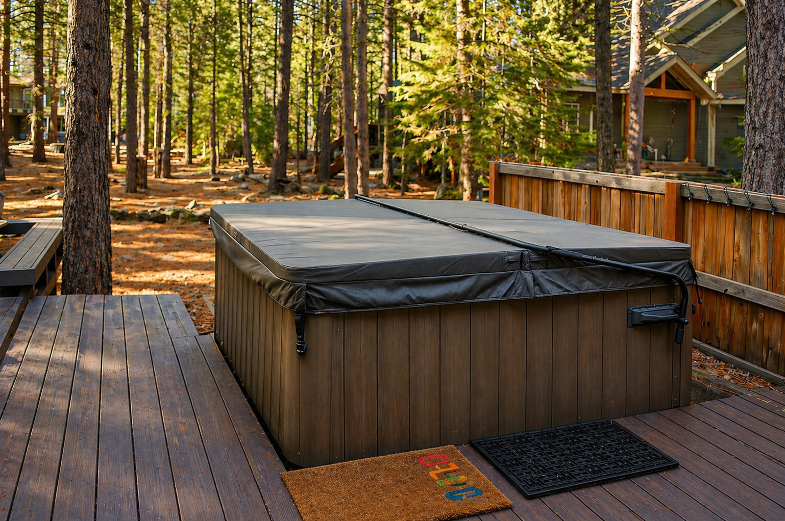 Unwind in your private hot tub surrounded by towering pines, where forest serenity meets luxurious relaxation on this secluded deck.