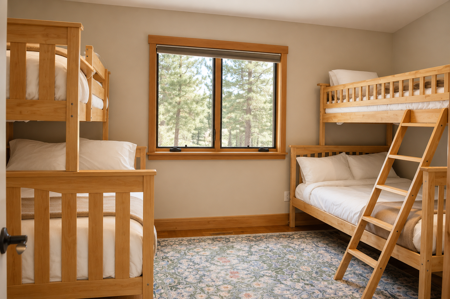 Two bunk beds with crisp white linens frame a window overlooking tall pines, creating a cozy sleep space perfect for families or groups traveling together.