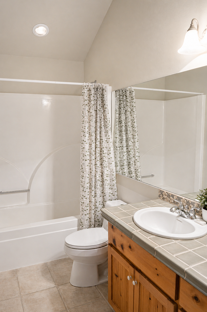 Step into your private bathroom featuring a relaxing tub-shower combo, warm wood vanity, and thoughtful details for your comfort.