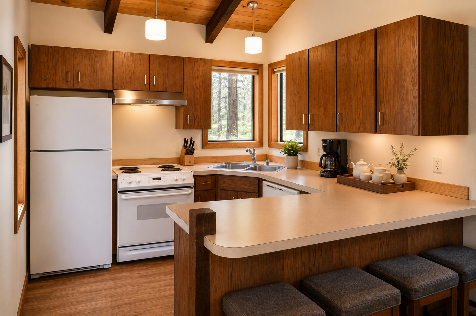 Your fully equipped kitchen features modern appliances, warm wood cabinetry, and a breakfast bar with seating—perfect for preparing meals and enjoying morning coffee with forest views.