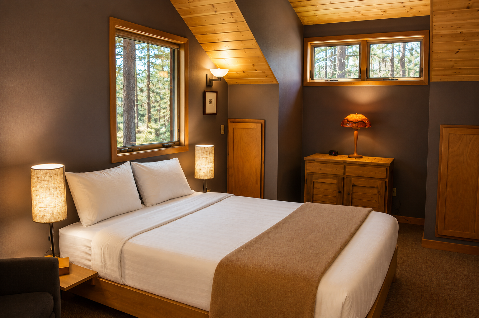 Unwind in your cozy retreat with vaulted ceilings, plush bedding, and warm wood accents. Forest views through large windows bring nature right to your bedside.