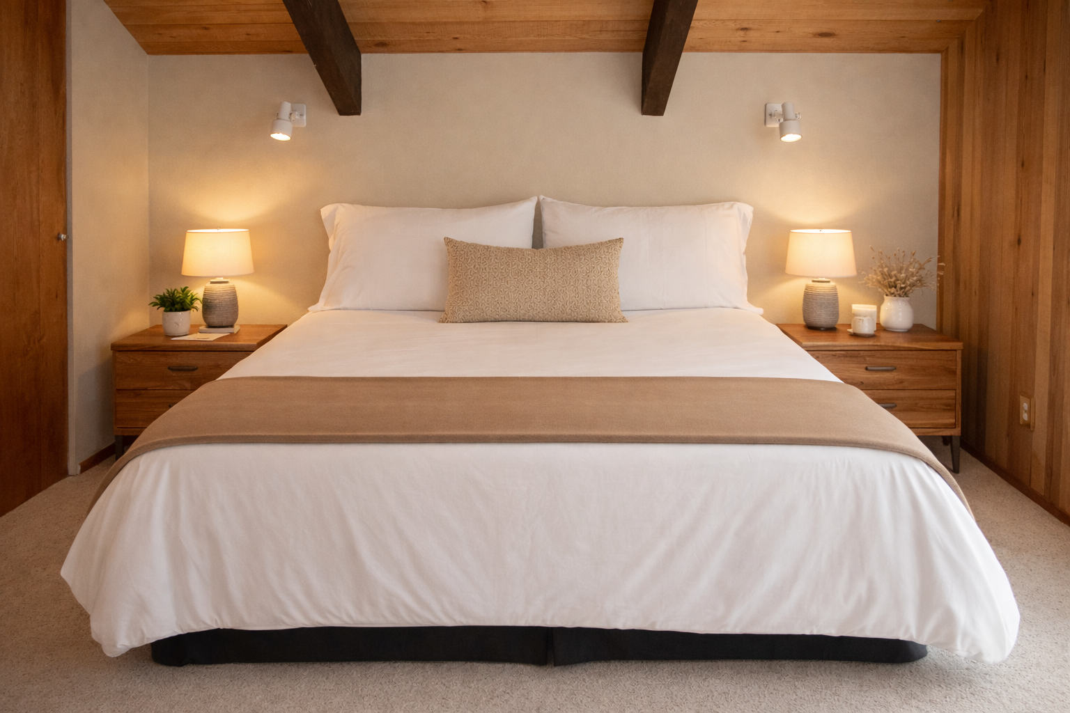 Rest peacefully in your serene bedroom with warm wood beams, soft lighting, and crisp linens waiting to embrace you.