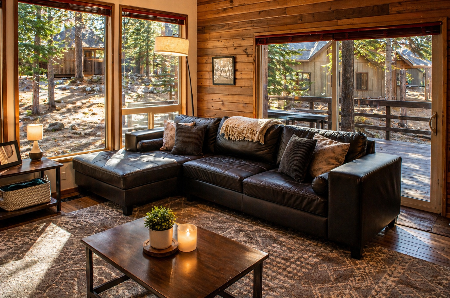 Unwind on plush leather sofas surrounded by floor-to-ceiling windows that frame serene forest views, creating your perfect mountain retreat sanctuary.