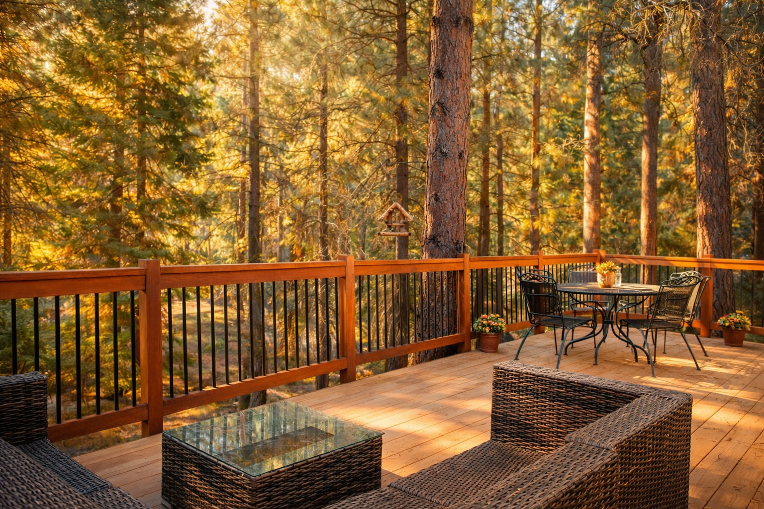 Unwind on your private deck surrounded by towering trees, where golden sunlight filters through the forest canopy above your comfortable outdoor seating.