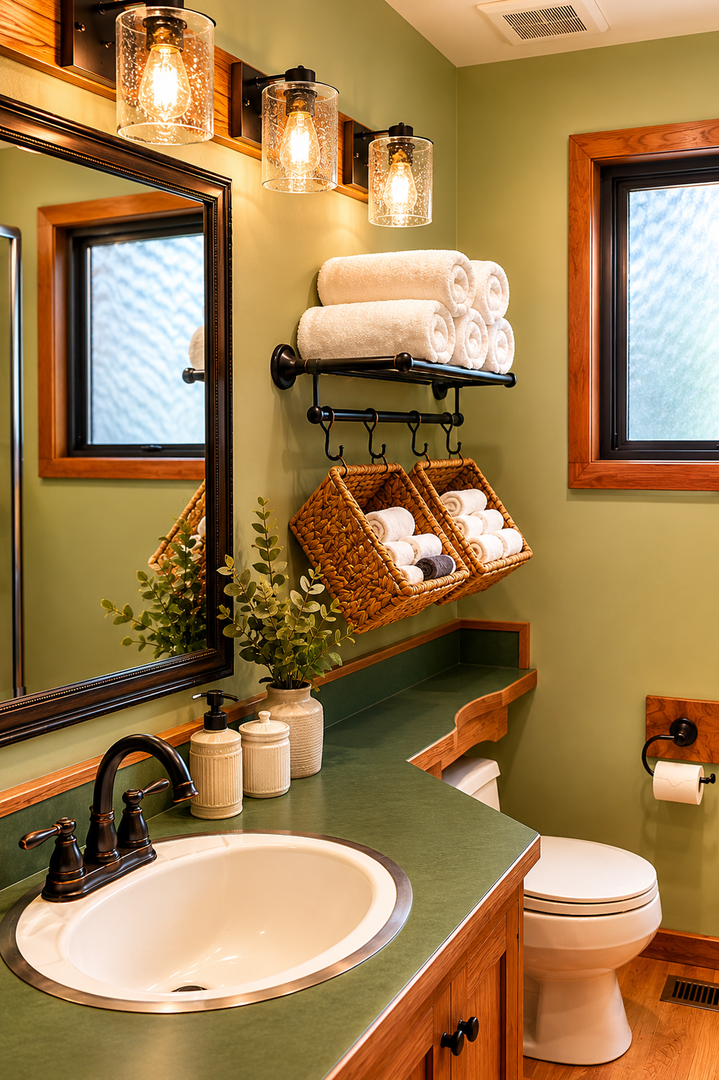 Step into your cozy bathroom with warm wood accents, charming pendant lights, and plush towels neatly arranged. Every detail invites you to relax and feel at home.
