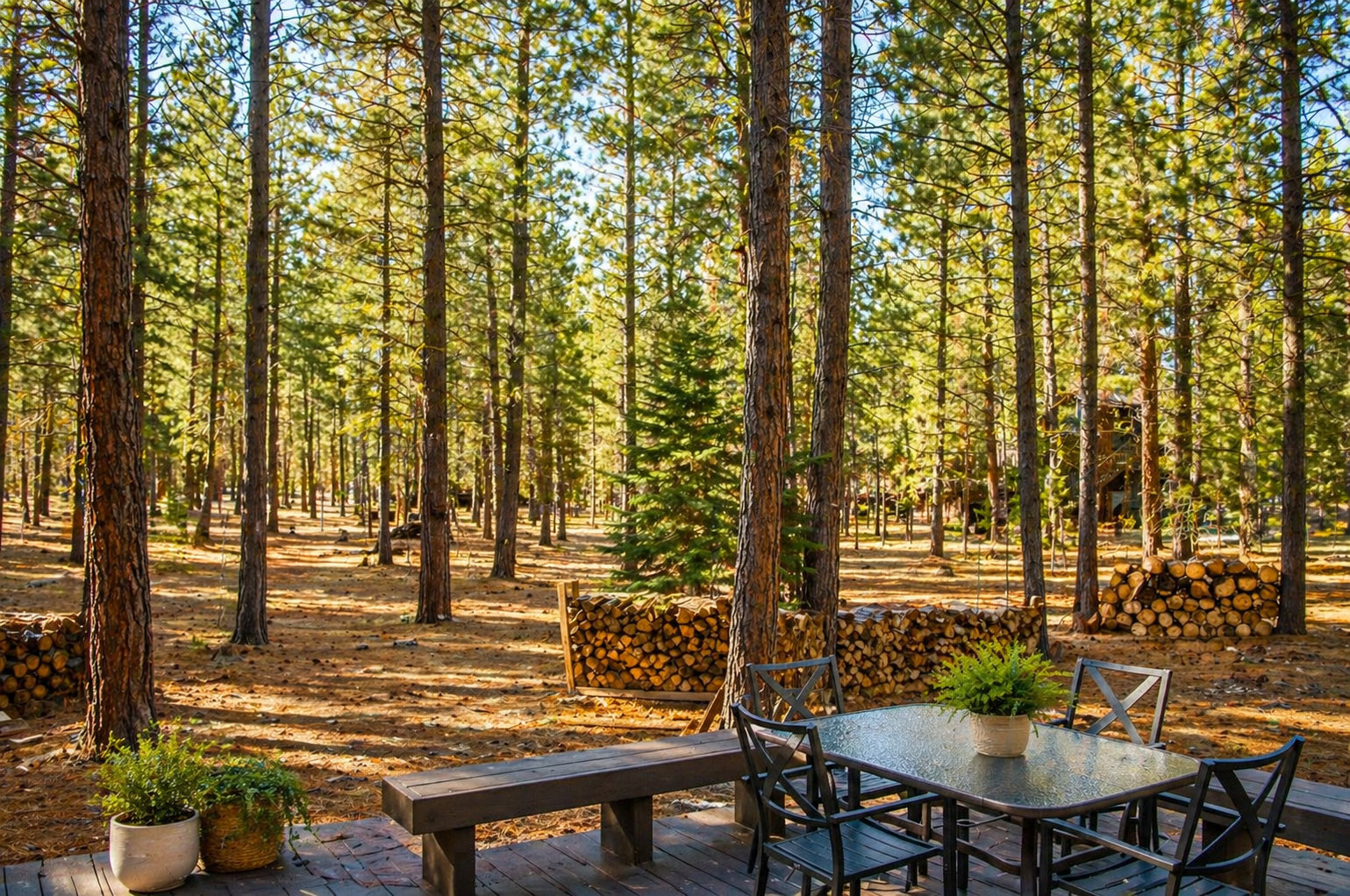 Step onto your private forest deck, where tall pines create natural shade for outdoor dining surrounded by serene woodland tranquility.