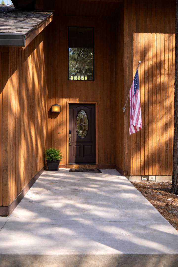 Warm wood siding and elegant entrance door create a welcoming arrival at this charming property.