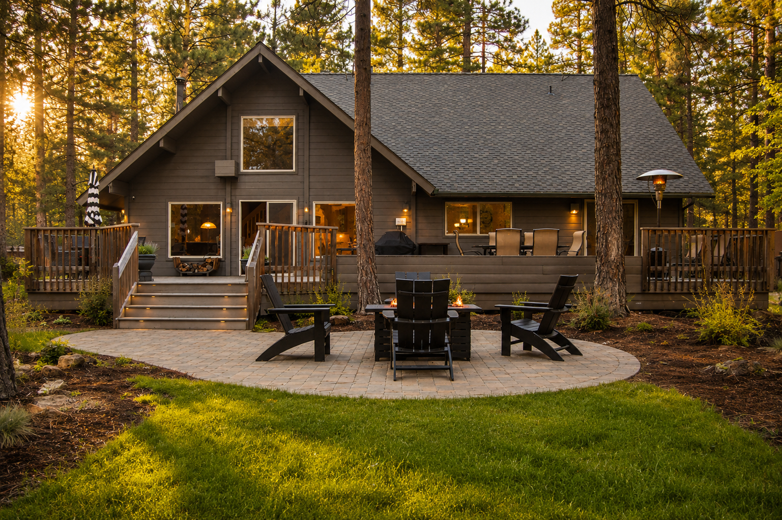Nestled among towering pines, this inviting cabin features a spacious wrap-around deck and stone patio with fire pit, perfect for peaceful evenings under the trees.