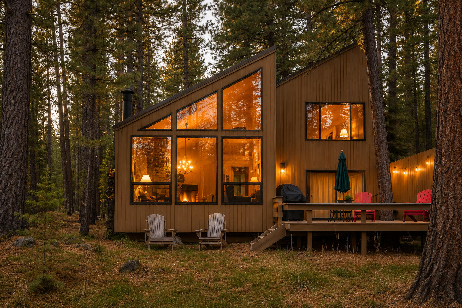 Modern cabin nestled among towering pines, featuring expansive windows that glow warmly at dusk, a welcoming deck with BBQ and seating, and tranquil forested surroundings.
