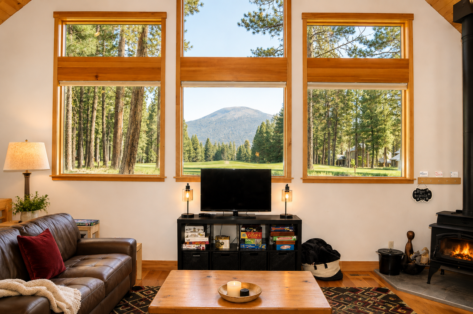 Unwind in your cozy living room with mountain and forest views from three stunning windows. Curl up by the fireplace, play a board game, or simply soak in the peaceful natural beauty surrounding you.