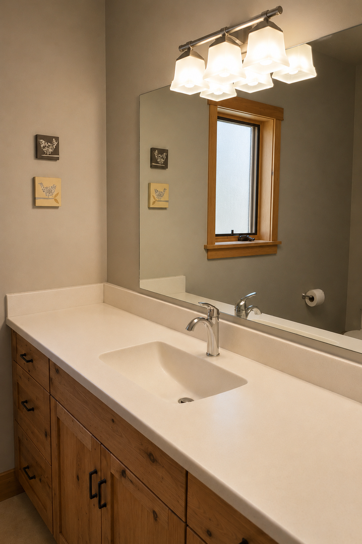 Step into your spotless bathroom with a modern vanity, ample counter space, and natural light from the window—your private retreat to refresh and unwind.