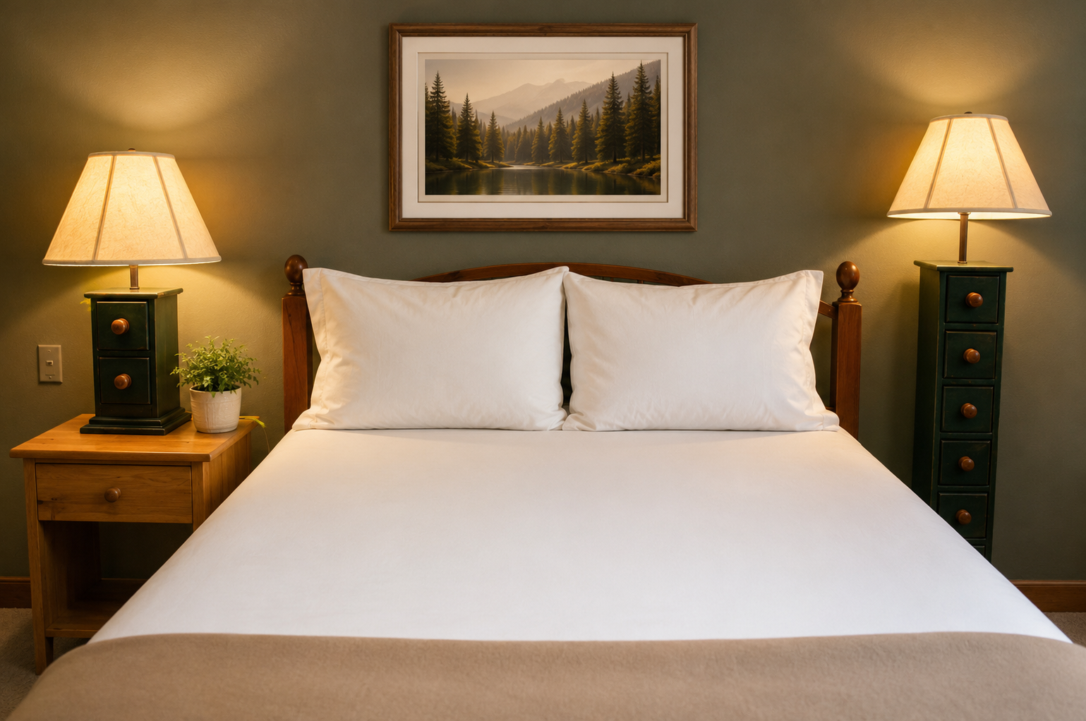 Sink into crisp white linens and unwind in your cozy bedroom with warm mountain-inspired accents and soft lighting for ultimate relaxation.
