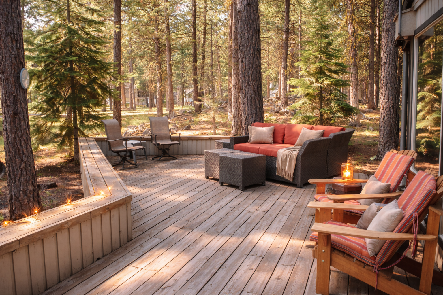 Unwind on your private forest deck surrounded by towering pines, complete with plush seating and twinkling lights for magical evenings.