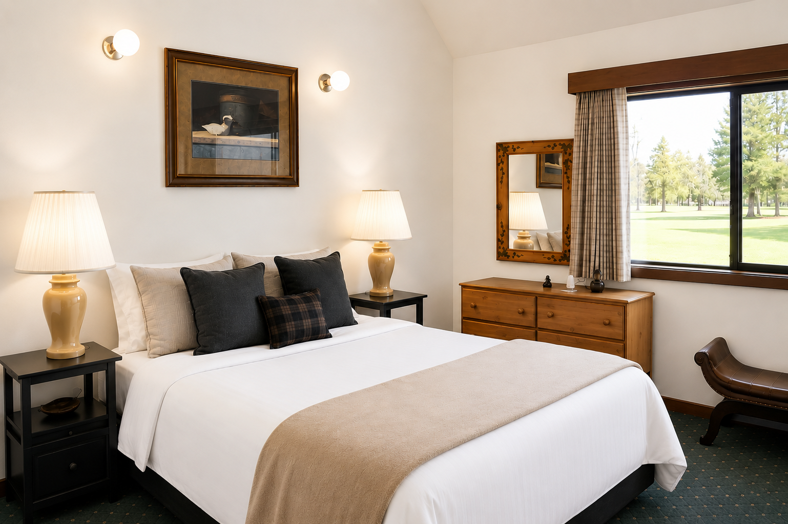 Sink into fresh linens and plush pillows in your serene bedroom retreat, where natural light frames peaceful golf course views and warm wood tones create a cozy, welcoming atmosphere.