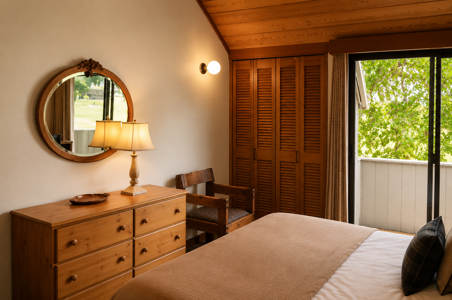 Sink into a plush bed beneath vaulted wood ceilings. Your private retreat features ample wardrobe space, a vintage dresser with soft lighting, and doors that open to leafy views—perfect for peaceful mornings.