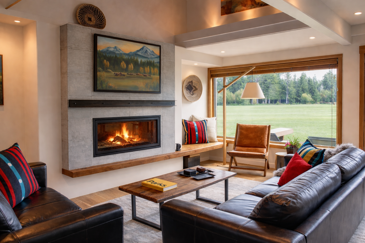 Sink into plush leather seating by your crackling fireplace, where mountain views through picture windows create your perfect retreat.
