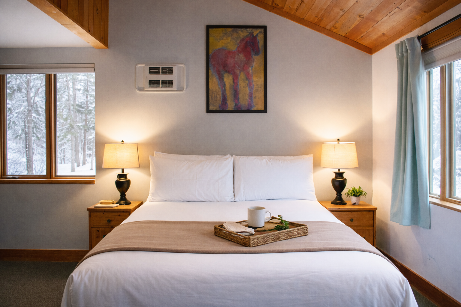 Cozy up in your peaceful bedroom with warm wood accents and winter forest views from every window.