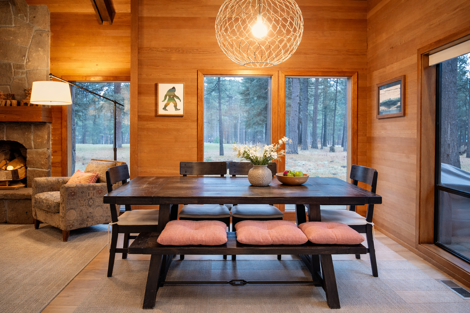Gather around your private dining table with forest views streaming through expansive windows, creating the perfect setting for memorable meals together.
