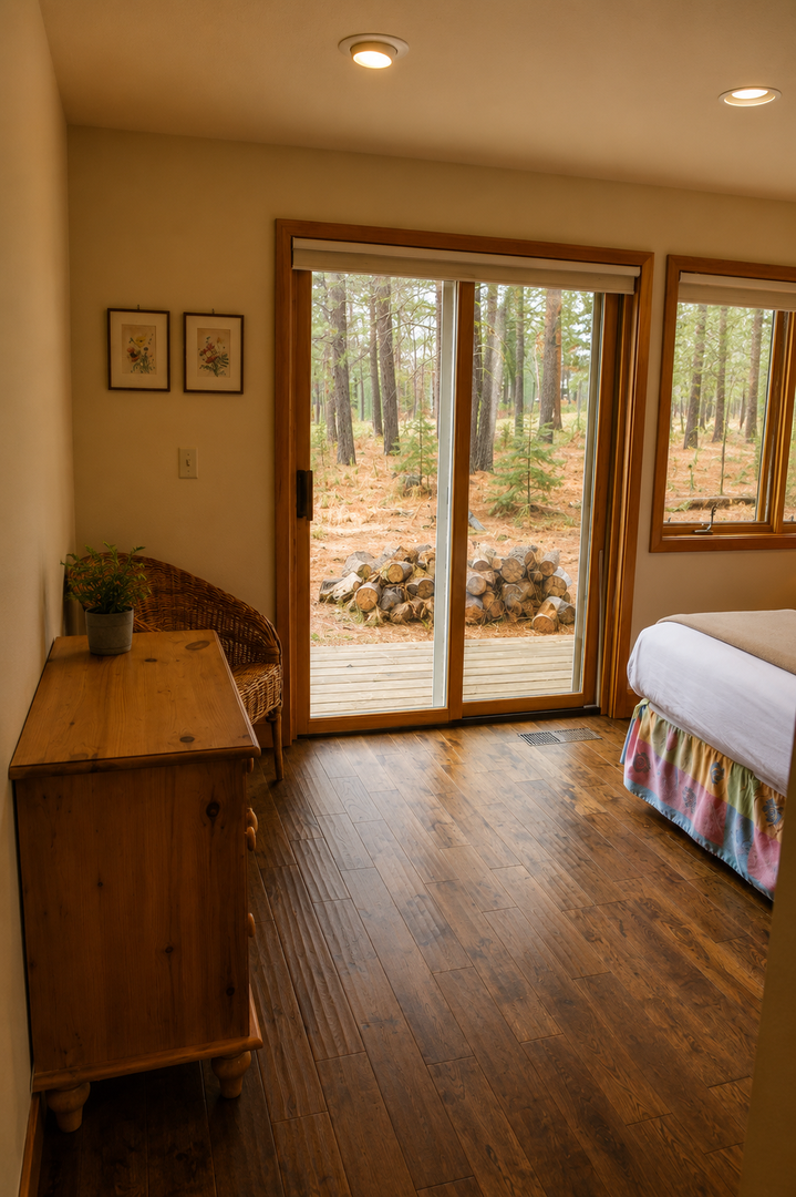 Step into your peaceful retreat with a private patio and tranquil forest views framing your window. Warm wood tones and cozy touches invite you to unwind completely.