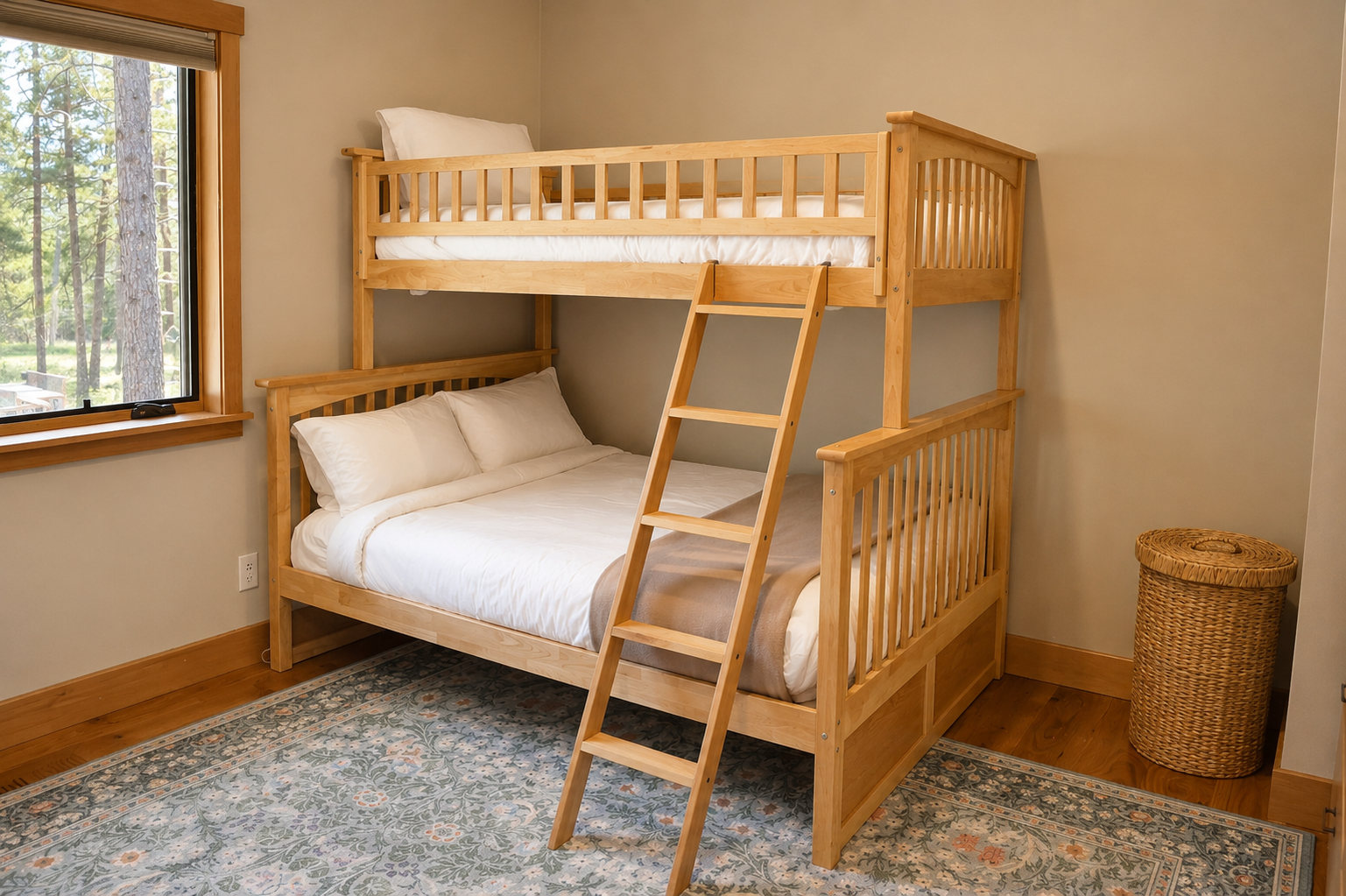 Perfect for families, this cozy bedroom features comfortable bunk beds with crisp linens and a peaceful forest view to wake up to each morning.