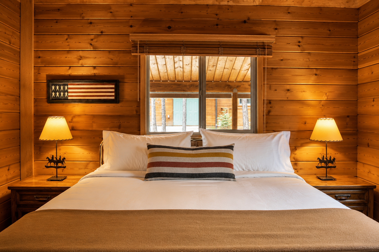 Sink into crisp linens in your cozy, cabin-style bedroom. Warm wood walls and soft lamplight create the perfect retreat after your mountain adventures.