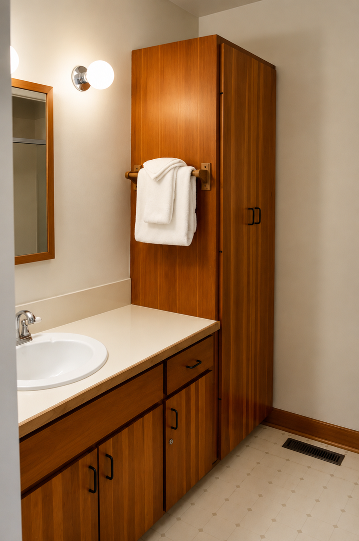 Your private bathroom features warm wood cabinetry, fresh towels, ample storage, and soothing lighting—a clean, welcoming space to refresh after your adventures.
