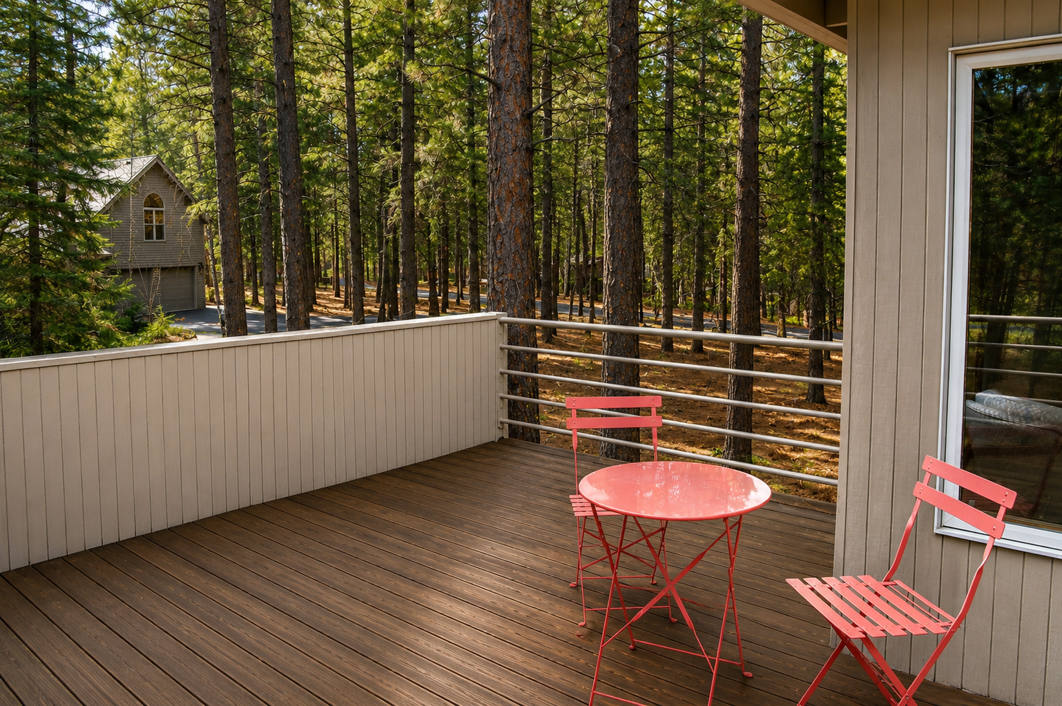Step onto your private deck and sip morning coffee surrounded by towering pines. This peaceful retreat offers the perfect spot to unwind and breathe in fresh forest air.