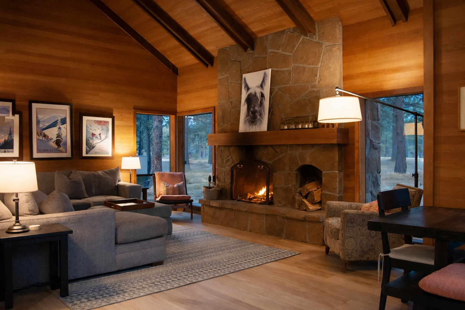 Unwind in your cozy living room where exposed beams meet stone fireplace warmth, creating the perfect retreat for evening relaxation.