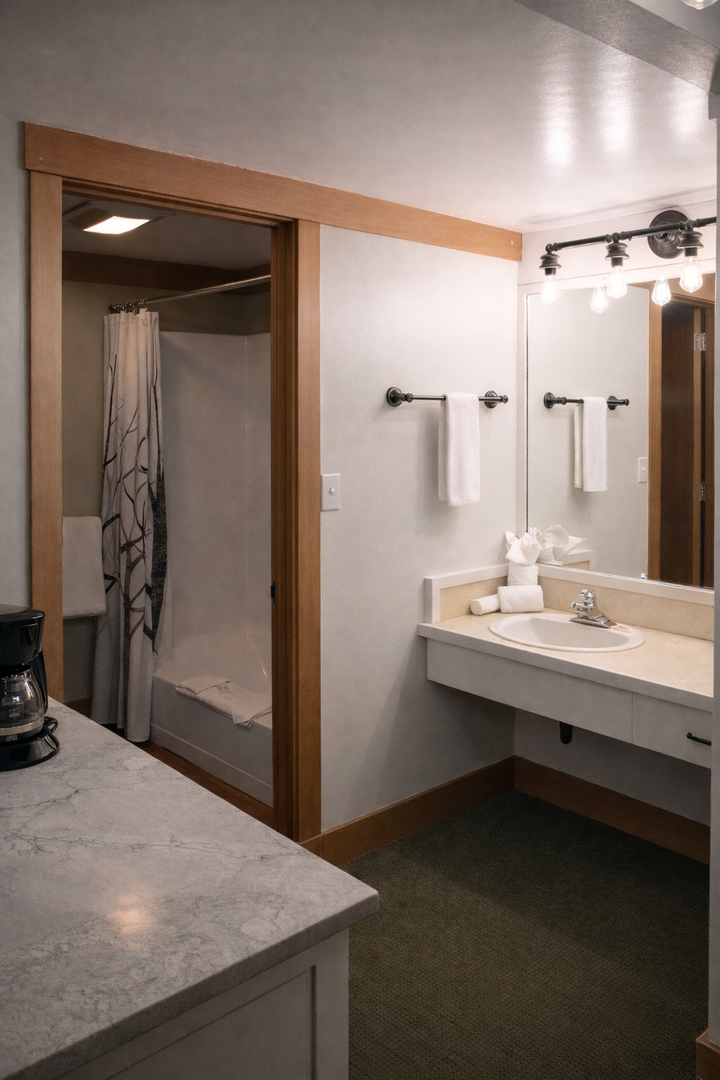 Your private bathroom features a spacious vanity, well-lit mirror, and separate shower area for your comfort and convenience.